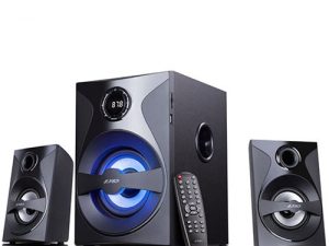 F&D F380X 2.1 Multimedia Speakers, 54W RMS (13Wx2+28W), 2x3'' Satellites + 5.25'' Subwoofer, BT 5.0/NFC/AUX/USB/FM/SD card reader/Multi-color LED/LED Display/Remote Control/Wooden/Black