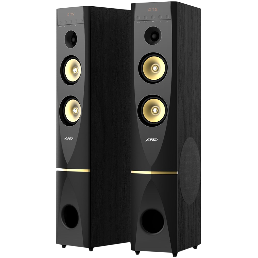F&D T-88X 2.0 Floorstanding Speakers, 300W RMS (150x2), 1'' Tweeter + 5.25'' Speaker + 10'' Subwoofer for each channel, BT 4.2/HDMI/Optical/Coaxial/AUX/USB/FM/Karaoke function/LED Display/Remote Control/Microphone included/Wooden/Black