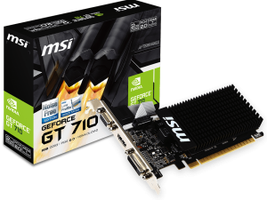 MSI Video Card NVidia GeForce GT 710, 2048MB DDR3, 64-bit, 12.8 GB/s, 1600 Mbps Effective Memory Speed, 954 MHz Clock, PCI Express 2.0, HDMI 1.4, Dual-link DVI-D, D-Sub, 300W Recommended PSU
