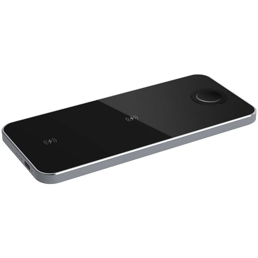 Prestigio ReVolt A5, 3-in-1 wireless charging station for iPhone, Apple Watch, AirPods, wilreless output for phone 7.5W/10W, wireless output for AirPods 5W, wireless output for Apple Watch 2.5W, material: aluminum+tempered glass, black+space grey color.