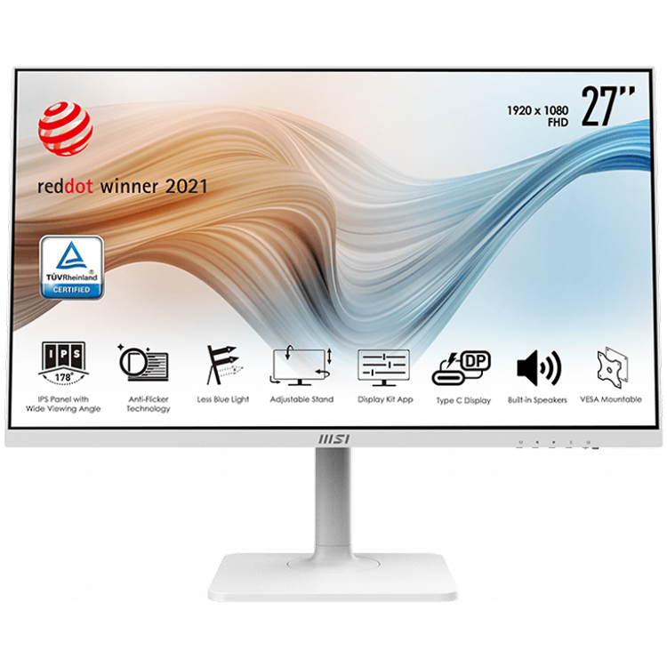 MSI Modern MD271PW Monitor, 27" 75Hz, FHD (1920x1080) 16:9, IPS Anti-glare, 5ms, 250nits, 1000:1, 178°/178°, Adjustable Stand, Anti-Flicker,1x HDMI, 1x Type-C, 3Y Warranty