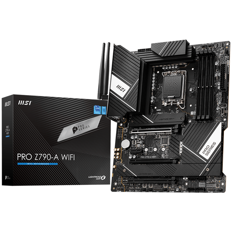 MSI Main Board Desktop PRO Z790-A WIFI (LGA 1700, 4x DDR5, HDMI, DP, 3x PCI-E x16, 1x PCI-E x1, 4x M.2, 6x USB 2.0, 4x USB 3.2 Gen1 Type A, 3x USB 3.2 Gen2 Type A, 1x USB 3.2 Gen2 Type C, 1x USB 3.2 Gen2x2 Type C, 2.5GLAN, Wi-Fi 6E, BT 5.3) ATX