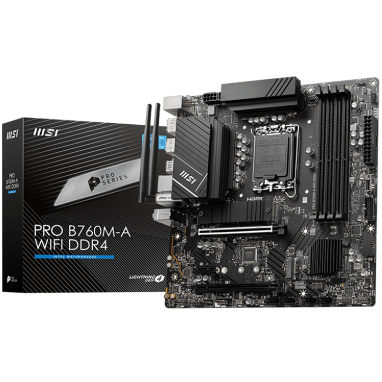 MSI PRO B760M-A WIFI DDR4, mATX, Socket 1700, Dual Channel DDR4 5333(OC)MHz, 2x PCIe x16 slots, 2x M.2 slots, 2x HDMI, 2x DP, 2x USB 3.2 Gen 2, 2x USB 3.2 Gen 1, 2x USB 2.0, 7.1 HD Audio, 2.5Gbps LAN, WI-FI 6E, BT, 3Y