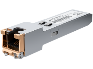 Ubiquiti UACC-CM-RJ45-1G SFP to RJ45 transceiver module that delivers 1 Gbps speed via a converted Ethernet connection.