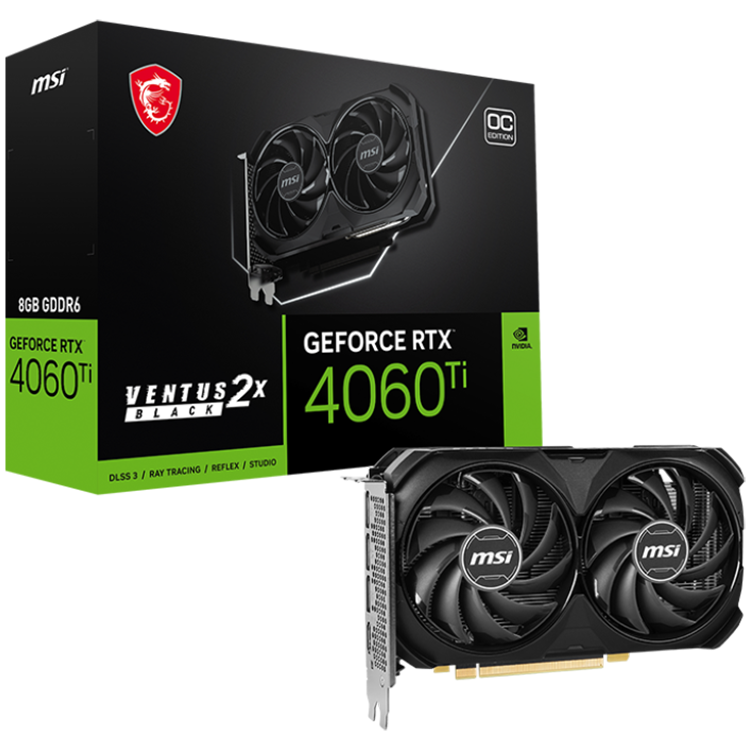 MSI Video Card Nvidia GeForce RTX 4060 Ti VENTUS 2X BLACK 8G OC, 8GB GDDR6, 128bit, Effective Memory Clock: 18000MHz, Boost: 2580 MHz, 4352 CUDA Cores, PCIe 4.0, 3x DP 1.4a, HDMI 2.1a, RAY TRACING, Dual Fan, 1x 8pin, 550W Recommended PSU, 3Y