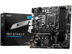 MSI PRO B760M-P, mATX, LGA 1700, Dual Channel DDR5 6800, 1x PCIe x16 slots, 2x M.2 slots, 1x HDMI, 1x DP, 1x VGA, 1x USB 3.2 Gen 2 Type-C, 1x USB 3.2 Gen 1, 4x USB 2.0, 7.1 HD Audio, 1Gbps LAN, 3Y