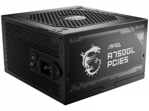 MSI MAG A750GL PCIE5, 750W, 80 Plus Gold, ATX Form Factor, 100~240 Vac Input Voltage, 47Hz ~ 63Hz Input Frequency, 120 mm Fan, 140 x 150 x 86mm, Active PFC, OCP, OVP, OPP, OTP, SCP, UVP, ATX, 2xEPS, 4XPCi-E, 8xSATA, 4xMOLEX, 1xFDD, 7Y