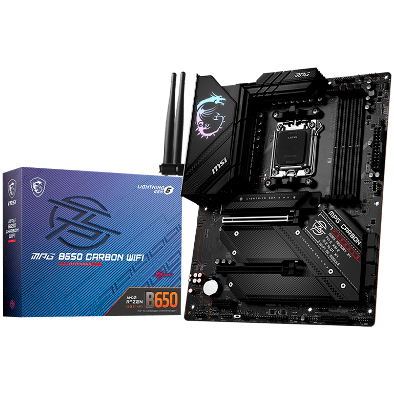 MSI MPG B650 CARBON WIFI, ATX, Socket AM5, 4x DDR5, 3x PCI-E x16 slots, 4x M.2 slots, 1x HDMI, 1x DP, 7x USB 3.2 Gen2, 1x USB 3.2 Gen2, 1x USB 3.2 Gen2x2, 2x USB 2.0, Type-C, 7.1 HD Audio, 2.5Gbps LAN, Wi-Fi 6E, BT, 3Y