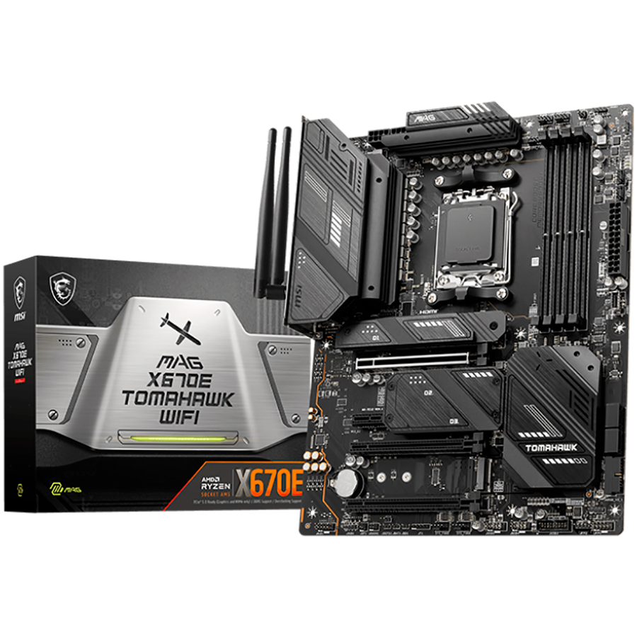 MSI MEG X670E TOMAHAWK WIFI, ATX, Socket AM5, 4xDDR5 Dual Channel DDR5 up to 6000(OC)MHz, 3x PCIe 3.0 16 slots, 4x M.2 slots, 4x USB 2.0, 1x USB 3.2 Gen 2, 4x USB 3.2 Gen 1, Type-C, 4x EX Debug LED, 7.1 HD Audio, 2.5G LAN, WiFI 6E, BT, 3Y