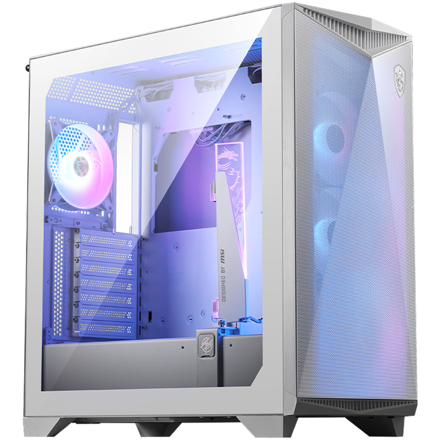 MSI MPG GUNGNIR 300R AIRFLOW WHITE, Mid-Tower, E-ATX/ATX/M-ATX/ITX, 2x USB 3.2 Gen 1 Type-A, 1x USB 3.2 Gen 2x2 Type-C, 1x Audio/1x Mic, LED Switch Button, ARGB Hub, 4x 120mm ARGB Fans, 1mm Perforated Front Panel, 3mm Tempered Glass