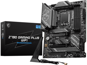 MSI Z790 GAMING PLUS WIFI , LGA 1700, 4xDDR5, Dual Channel DDR5 up to 7200+(OC)MHz, 3x PCIe x16 slot, 4x M.2 slots, 1x USB 3.2 Gen 2x2 (Type-C), 3x USB 3.2, 4x USB 2.0, 1x HDMI, 1x DP, 4x EZ Debug LED, 2.5G LAN, 7.1 Audio, ATX, 3Y
