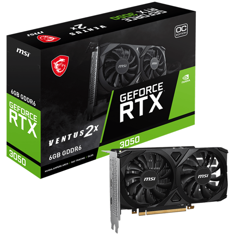 MSI Video Card Nvidia GeForce RTX 3050 VENTUS 2X 6G OC, 6GB GDDR6, 96bit, 14 Gbps Memory speed, Boost: 1492 MHz, 2304 CUDA Cores, PCIe 4.0, 1x DP 1.4a, 2xHDMI 2.1a, RAY TRACING, Dual Fan, 300W Recommended PSU, 3Y
