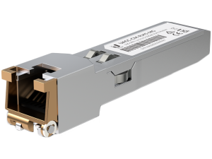 Ubiquiti UACC-CM-RJ45-MG SFP+ to RJ45 adapter, 1/2.5/5/10 GbE is a RJ45 transceiver that can be inserted into an SFP port in order to connect a copper Ethernet cable