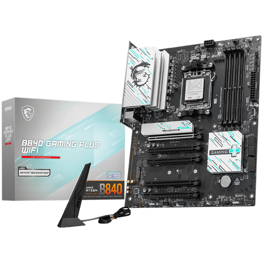 MSI B840 GAMING PLUS WIFI, ATX, Socket AM5, 4x DDR5 Dual Channel DDR5 up to 8000(OC)MHz, 5x PCIe x16 slot, 2x M.2 slot, 4x USB 2.0, 2x USB 5Gbps, 1x USB 10Gbps, 1x USB 10Gbps Type-C, HDMI, 7.1 HD Audio, 2.5G LAN, WiFi, BT, 3Y