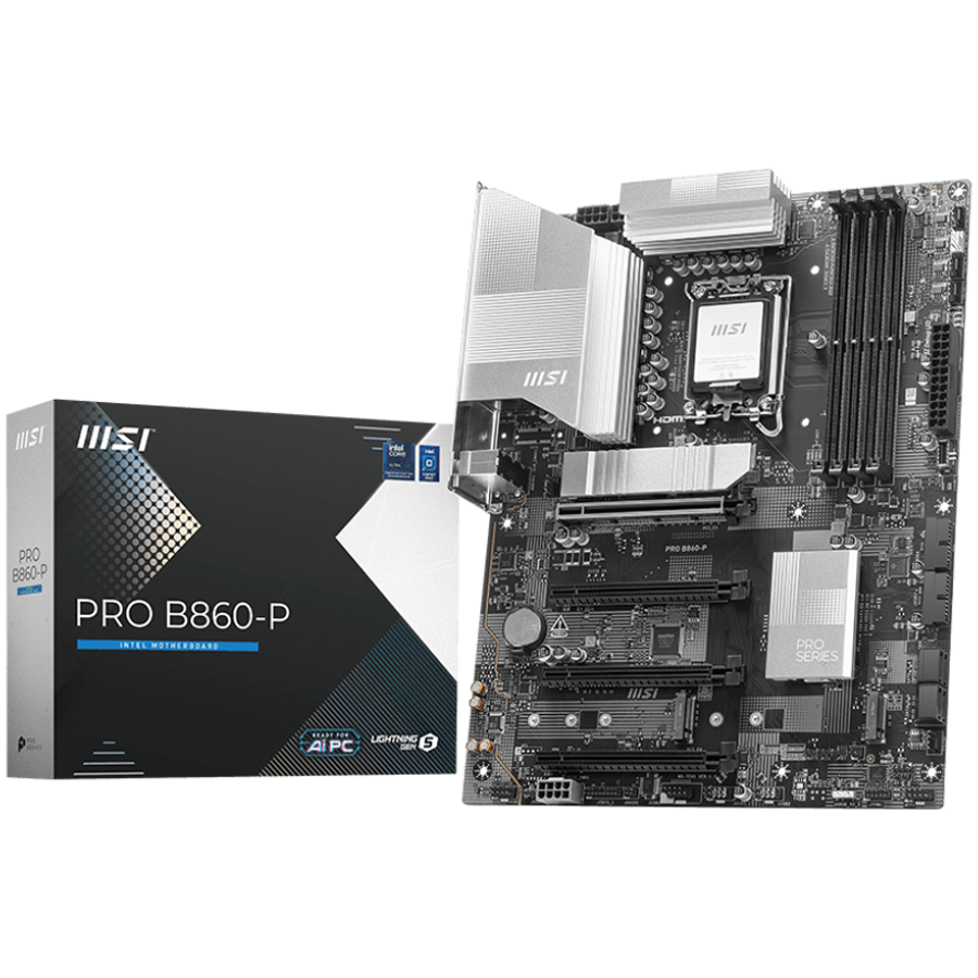MSI PRO B860-P, ATX, LGA 1851, 4x DDR5 Dual Channel DDR5 up to 8600(OC)MHz, 4x PCIe x16 slot, 3x M.2 slot, 4x USB 2.0, 2x USB 5Gbps, 2x USB 10Gbps, 1x USB 40Gbps Type-C, HDMI, DP, 7.1 HD Audio, 5G LAN, 3Y