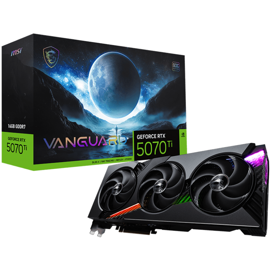 MSI Video Card Nvidia GeForce RTX 5070 TI 16G VANGUARD SOC, 16GB GDDR7, 256bit, Effective Memory Clock: 28000MHz, Boost: 2588 MHz, 8960 CUDA Cores, PCIe 5.0, 3x DP 2.1b, HDMI 2.1b, Triple Fan, 1x16pin, 750W Recommended PSU, 3Y