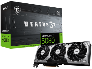 MSI Video Card Nvidia GeForce RTX 5080 16G VENTUS 3X OC, 16GB GDDR7, 256bit, Effective Memory Clock: 30000MHz, Boost: 2640 MHz, 10752 CUDA Cores, PCIe 5.0, 3x DP 2.1b, HDMI 2.1b, RAY TRACING, Triple Fan, 1x16pin, 850W Recommended PSU, 3Y