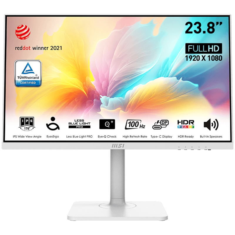MSI MODERN MD2412PW Professional Business Monitor, 23.8" 100Hz, FHD (1920x1080) 16:9, IPS Anti-glare, 1ms/4ms, 250nits, 1000:1, 178/178, Adaptive-Sync, HDR Ready, Adjustable Stand, Speakers, 1x HDMI, 1x Type-C, White, 3Y Warranty