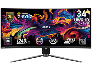 MSI MPG 341CQPX QD-OLED Gaming Monitor, 34.18" 240Hz, UWQHD (3440x1440) 21:9, QD-OLED Anti-Reflection, 0.03ms, 250nits, 1500000:1, 178/178, G-Sync Compatible, DisplayHDR True Black 400, Adjustable Stand, 1x DP, 2x HDMI, 1x Type-C 98W, 3Y Warranty