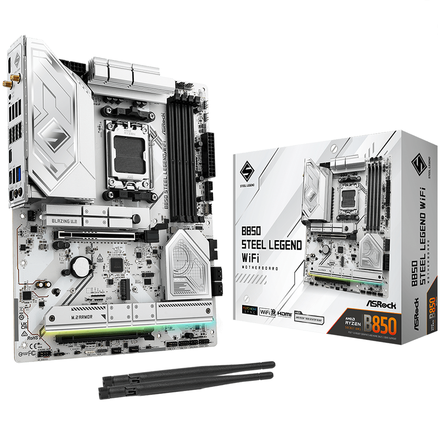 ASROCK MB Desktop B850 STEEL LEGEND WIFI, AM5, 4x DDR5, 1x PCIe 5.0 x16, 1x Blazing M.2(PCIe Gen5x4), 3x Hyper M.2, 4x SATA3, RAID 0, 1, 10, 7.1 CH HD Audio, 1x HDMI, 9x USB 3.2, 8x USB 2.0, 3x USB-C, 2.5G LAN, 2x Wi-Fi 7, 1x HDMI, 1x SPDIF, ATX