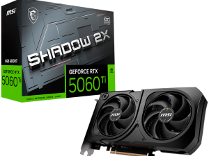 MSI Video Card NVIDIA GeForce RTX 5060 Ti 8G SHADOW 2X OC PLUS, 8GB GDDR7, 128-bit, 2617 MHz Boost, 4608 CUDA Cores, PCIe 5.0 (x8), 3x DP 2.1b, HDMI 2.1b, RAY TRACING, Dual Fan, 180W TDP, 8-pin PCIe Power, G-SYNC, 2-Slot, 3Y
