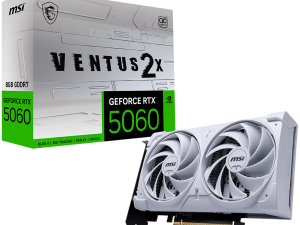 MSI Video Card NVIDIA GeForce RTX 5060 8G VENTUS 2X OC WHITE, 8GB GDDR7, 128-bit, 2535 MHz Boost, 3840 CUDA Cores, PCIe 5.0 (x8), 3x DP 2.1b, HDMI 2.1b, RAY TRACING, Dual Fan, 145W TDP, 8-pin PCIe Power, G-SYNC, 2-Slot, 3Y