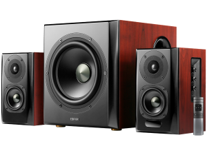 Edifier S350DB 2.1 Audio System, BT V5.1, Optical, Coaxial, RCA, 8-inch Subwoofer, 3.5-inch Drivers, 0.75-inch Tweeters, 70W (RMS), Control Knobs and Remote Control, Brown