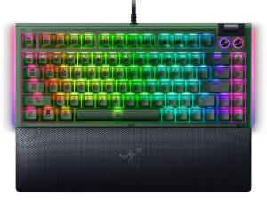 Razer BlackWidow V4 75% Phantom Green Edition, US Layout, Razer Chroma RGB, Hot-swappable Design, Detachable Type C Cable, PCB & Case sound dampening foam, Up to 8,000 Hz polling rate, Doubleshot ABS Keycaps, Magnetic Plush Leatherette