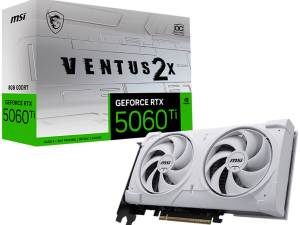 MSI Video Card NVIDIA GeForce RTX 5060 Ti 8G VENTUS 2X OC WHITE PLUS, 8GB GDDR7, 128-bit, 2617 MHz Boost, 4608 CUDA Cores, PCIe 5.0 (x8), 3x DP 2.1b, HDMI 2.1b, RAY TRACING, Dual Fan, 180W TDP, 8-pin PCIe Power, G-SYNC, 2-Slot, 3Y
