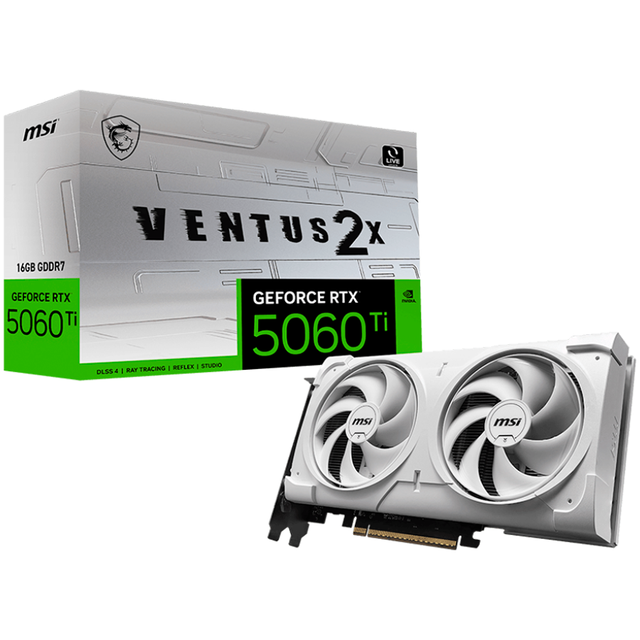 MSI Video Card NVIDIA GeForce RTX 5060 Ti 16G VENTUS 2X WHITE PLUS, 16GB GDDR7, 128-bit, 2587 MHz Boost, 4608 CUDA Cores, PCIe 5.0 (x8), 3x DP 2.1b, HDMI 2.1b, RAY TRACING, Dual Fan, 180W TDP, 8-pin PCIe Power, G-SYNC, 2-Slot, 3Y