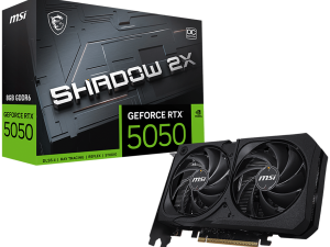 MSI Video Card NVIDIA GeForce RTX 5050 8G SHADOW 2X OC, 8GB GDDR6, 128-bit, 2602 MHz Boost, 2560 CUDA Cores, PCIe 5.0 (x8), 3x DP 2.1b, HDMI 2.1b, RAY TRACING, Dual Fan, 130W TDP, 8-pin PCIe Power, G-SYNC, 2-Slot, 3Y