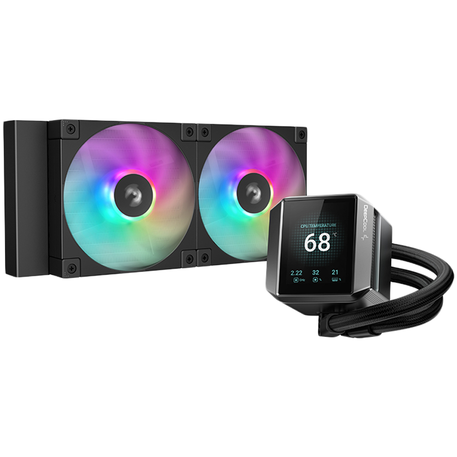DeepCool MYSTIQUE 240 ARGB, 240mm CPU Liquid Cooler, 2.8" LCD screen, 2x120mm PWM ARGB Fans, Fluid Dynamic Bearing, Black, Intel LGA1851/1700/1200/1151/1150/1155, AMD AM5/AM4, R-LX550-BKADSNC-G-1, 5Y