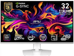 MSI MPG 321URXW QD-OLED Gaming Monitor, 31.5" 240Hz, UHD (3840x2160) 16:9, QD-OLED, 0.03ms, 250nits, 1500000:1, 178/178, G-Sync Compatible, Adjustable Stand, 1x DP, 2x HDMI, 1x Type-C, 1x Headphone out, USB Hub, White, 3Y Warranty
