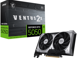 MSI Video Card NVIDIA GeForce RTX 5050 8G VENTUS 2X OC, 8GB GDDR6, 128-bit, 2602 MHz Boost, 2560 CUDA Cores, PCIe 5.0 (x8), 3x DP 2.1b, HDMI 2.1b, RAY TRACING, Dual Fan, 130W TDP, 8-pin PCIe Power, G-SYNC, 2-Slot, 3Y
