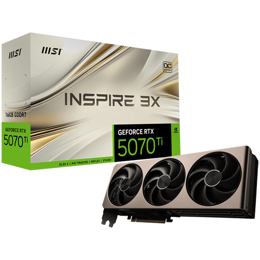 MSI Video Card Nvidia GeForce RTX 5070 TI 16G INSPIRE 3X OC, 16GB GDDR7, 256bit, Effective Memory Clock: 28000MHz, Boost: 2482 MHz, 8960 CUDA Cores, PCIe 5.0, 3x DP 2.1b, HDMI 2.1b, Triple Fan, 1x16pin, 750W Recommended PSU, 3Y