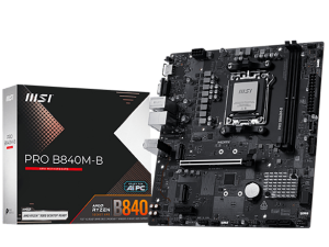 MSI PRO B840M-B, mATX, Socket AM5, 2x DDR5 Dual Channel DDR5 up to 8000(OC)MHz, 1x PCIe x16 slot, 2x M.2 slot, 2x USB 2.0, 4x USB 5Gbps, HDMI, VGA, 7.1 HD Audio, 2.5G LAN, 3Y