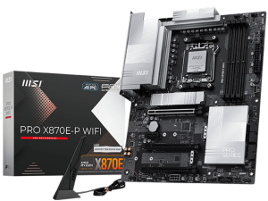 MSI PRO X870E-P WIFI, ATX, Socket AM5, 4x DDR5 Dual Channel DDR5 up to 8200(OC)MHz, 3x PCIe x16 slot, 3x M.2 slot, 4x USB 2.0, 2x USB 5Gbps, 2x USB 10Gbps, 1x 20Gbps Type-C, 1x 40Gbps Type-C, HDMI, 7.1 HD Audio, 5G LAN, WiFI 7, BT, 3Y