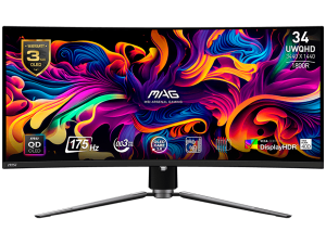 MSI MAG 341CQP QD-OLED Curved Gaming Monitor, 34" 175Hz, UWQHD (3440x1440) 21:9, QD-OLED, 1800R, 0.03ms, 250nits, 1500000:1, 178/178, AMD FreeSync Premium Pro, Adjustable Stand, 1x DP, 2x HDMI, 1x Type-C, 1x Headphone out, USB Hub, 3Y