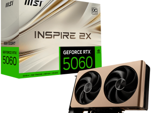 MSI Video Card NVIDIA GeForce RTX 5060 8G INSPIRE 2X OC, 8GB GDDR7, 128-bit, 2535 MHz Boost, 3840 CUDA Cores, PCIe 5.0 (x8), 3x DP 2.1b, HDMI 2.1b, RAY TRACING, Dual Fan, 145W TDP, 8-pin PCIe Power, G-SYNC, 2-Slot, 3Y