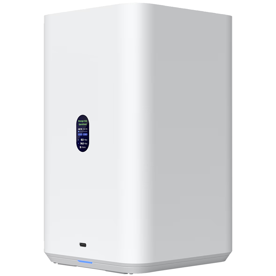 Ubiquiti UniFi UNAS-2-W-EU Network Attached Storage with (2) 3.5inch HDD bays, 2.5 GbE networking, USB-C connectivity, and an included PoE++ adapter, all in a compact footprint