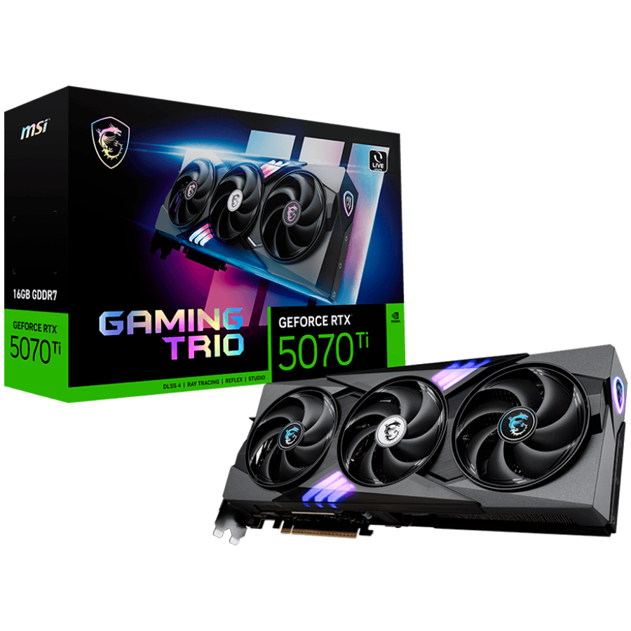 MSI Video Card Nvidia GeForce RTX 5070 TI 16G GAMING TRIO, 16GB GDDR7, 256bit, Effective Memory Clock: 28000MHz, Boost: 2452 MHz, 8960 CUDA Cores, PCIe 5.0, 3x DP 2.1b, HDMI 2.1b, Triple Fan, 1x16pin, 750W Recommended PSU, 3Y