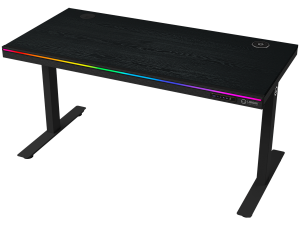 Dual-motor sit/stand adjustable-height gaming desk with wireless charger, RGB lighting, control panel, and USB ports, PB melamine surface tabletop, black.