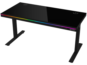 Dual-motor sit/stand adjustable-height gaming desk with wireless charger, RGB lighting, control panel, and USB ports, solid tempered glass tabletop, black.