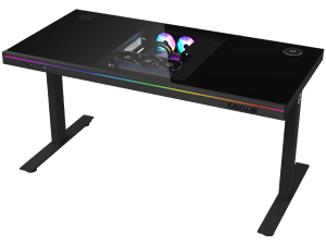 Dual-motor sit/stand adjustable-height gaming desk with built-in PC case, wireless charger, RGB lighting, control panel, and USB ports, tempered glass tabletop, black.