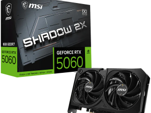 MSI Video Card NVIDIA GeForce RTX 5060 8G SHADOW 2X OC MAX, 8GB GDDR7, 128-bit, 2535 MHz Boost, 3840 CUDA Cores, PCIe 5.0 (x8), 3x DP 2.1b, HDMI 2.1b, RAY TRACING, Metal Backplate, Dual Fan, 145W TDP, 8-pin PCIe Power, G-SYNC, 2-Slot, 3Y