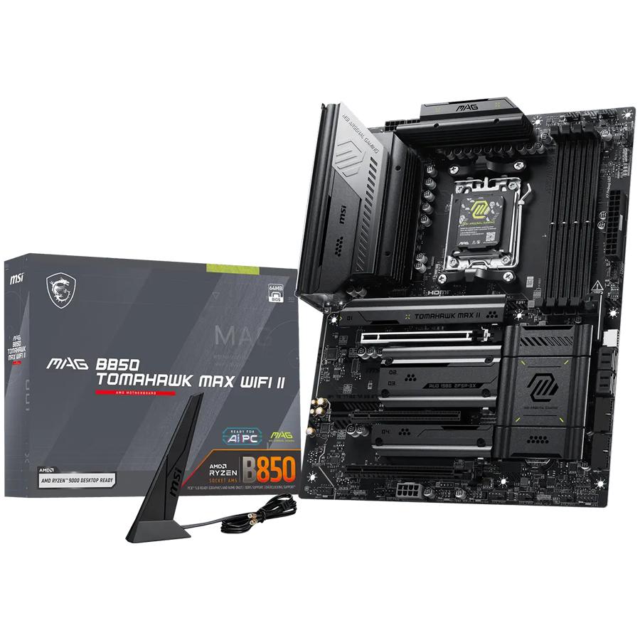 MSI MAG B850 TOMAHAWK MAX WIFI II, ATX, Socket AM5, 4x DDR5 Dual Channel DDR5 up to 8400(OC)MHz, 3x PCIe 3.0 x16 slot, 4x M.2 slot, 4x USB 2.0, 1x USB 5Gbps, 2x USB 10Gbps, 3x USB 10Gbps Type-C, HDMI, 7.1 HD Audio, 5G LAN, WiFI 7, BT, 3Y