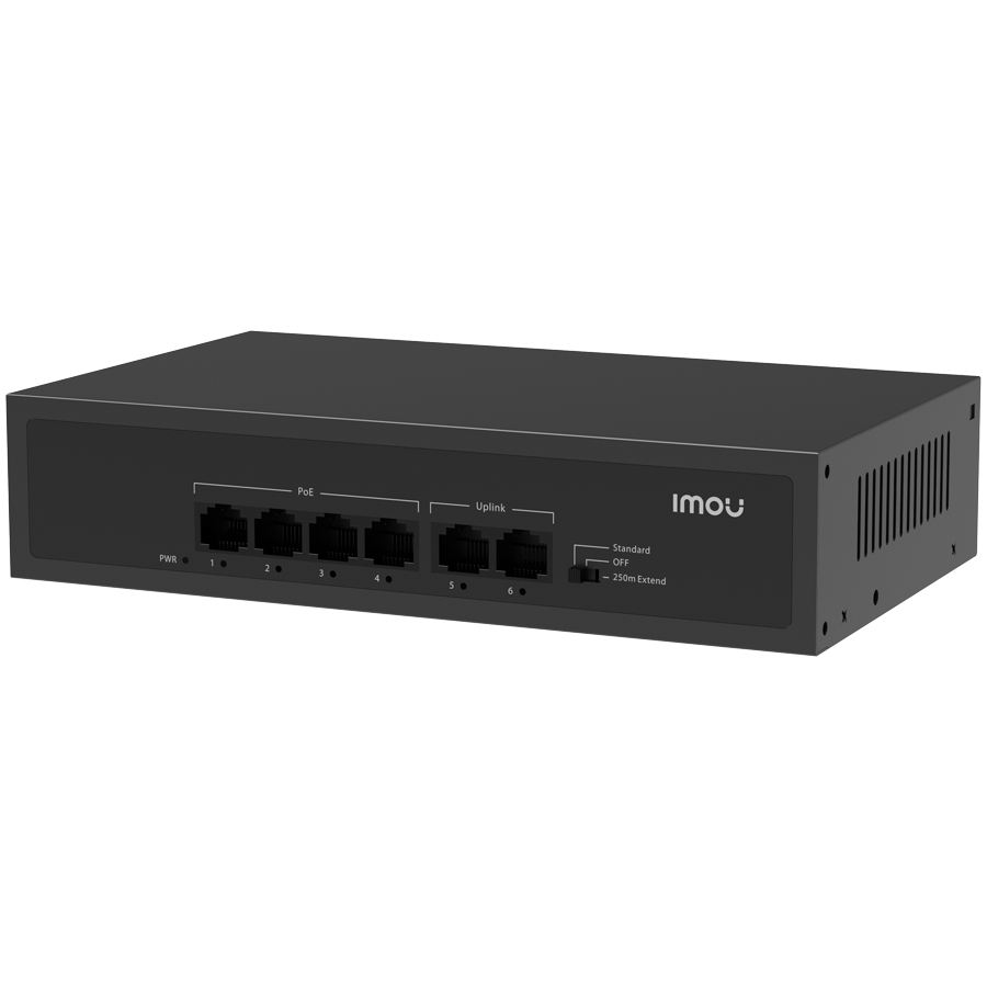 Imou 6-port 100M unmanaged PoE Switch, 4x PoE 10/100, 2x uplink 10/100, 45W total power, up to 250m PoE, 4KV lighting Protection, 802.3af/at,