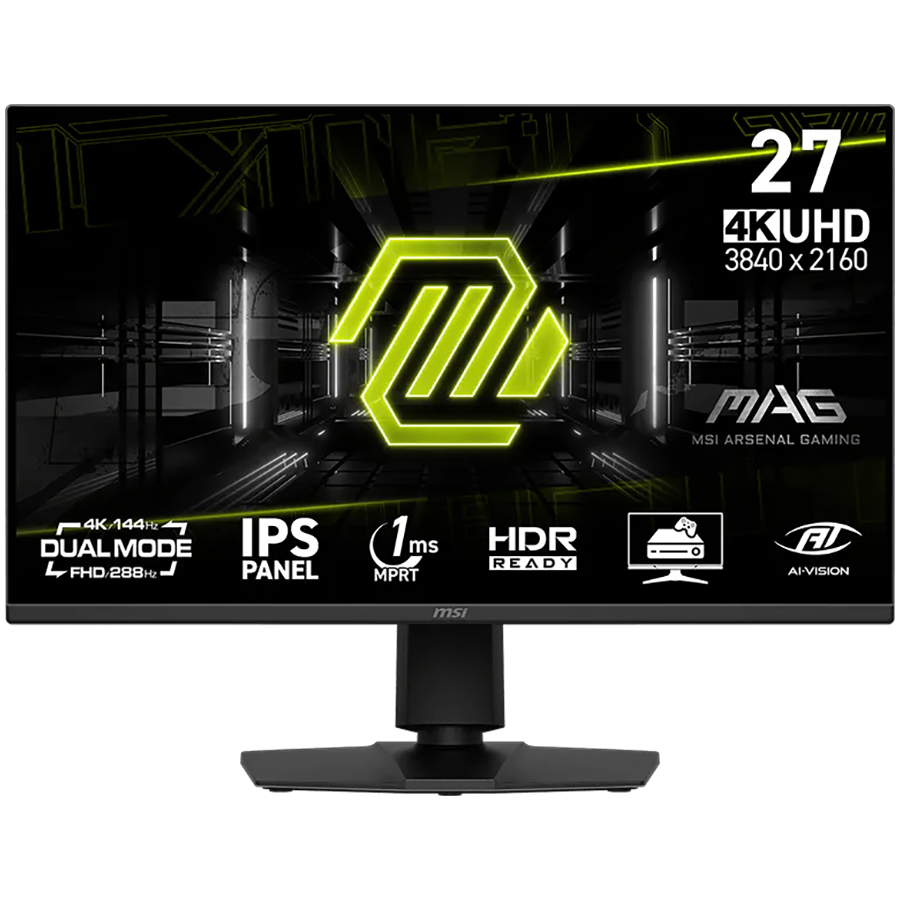 MSI MAG 275UPD E14 Gaming Monitor, 27" 144Hz, UHD (3840x2160) 16:9, Dual Mode (1920x1080 - up to 288Hz), IPS, 1ms, 250nits, 1500:1, 178/178, AMD FreeSync Premium, HDR Ready, Adjustable stand, Speakers, 1x DP, 2x HDMI, 1x Headphone out, 3Y Warranty