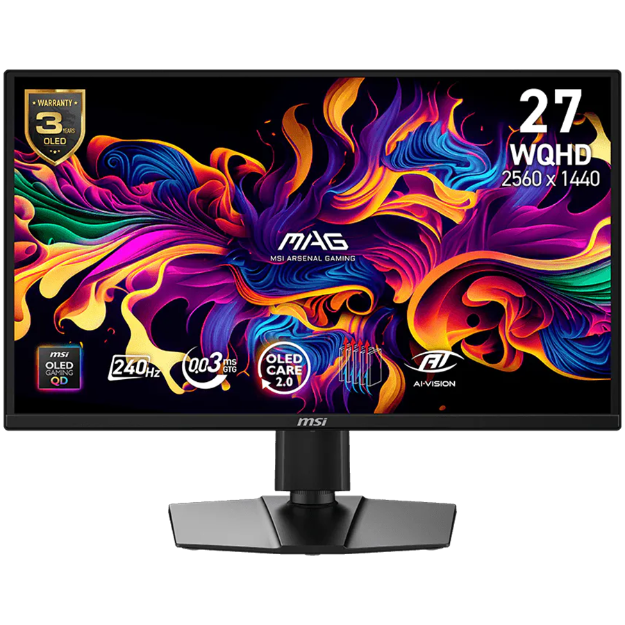 MSI MAG 272QP QD-OLED X24 Gaming Monitor, 26.5" 240Hz, WQHD (2560x1440) 16:9, QD-OLED Anti-Reflection, 0.03ms, 200nits, 1500000:1, 178/178, G-SYNC Compatible, AMD FreeSync Premium, HDR Ready, Adjustable Stand, 1x DP, 2x HDMI, 1x Type-C, 3Y