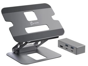 Поставка за лаптоп с докинг станция j5create JTS327, до 16", USB-C, 4K